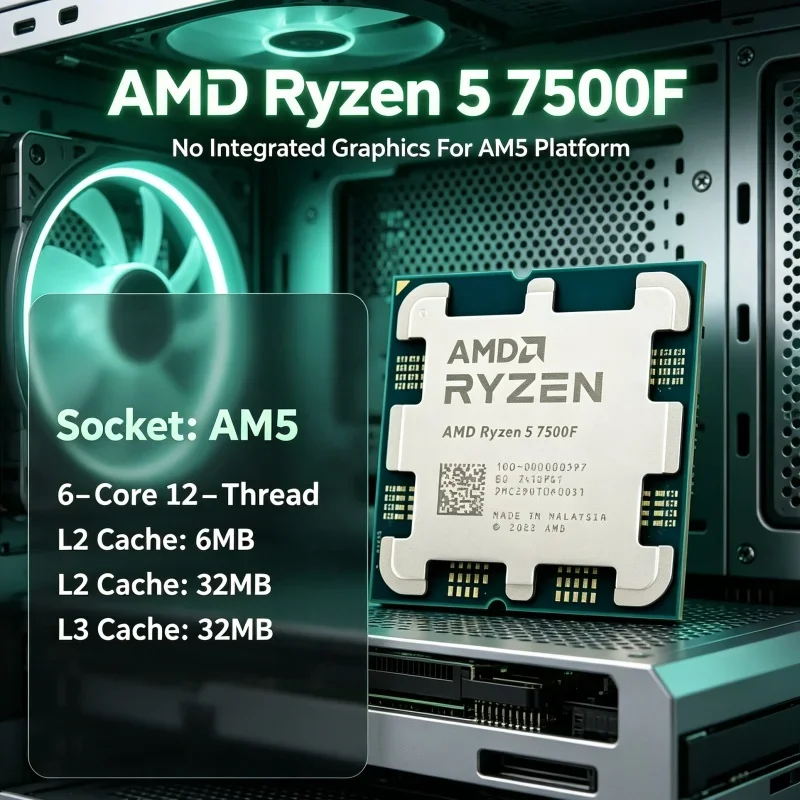 Beginner Build CPU AMD Ryzen 5 7500F 6C12T 5.0GHz 32MB L3 65W AM5 DDR5 Processor for First Gaming PC