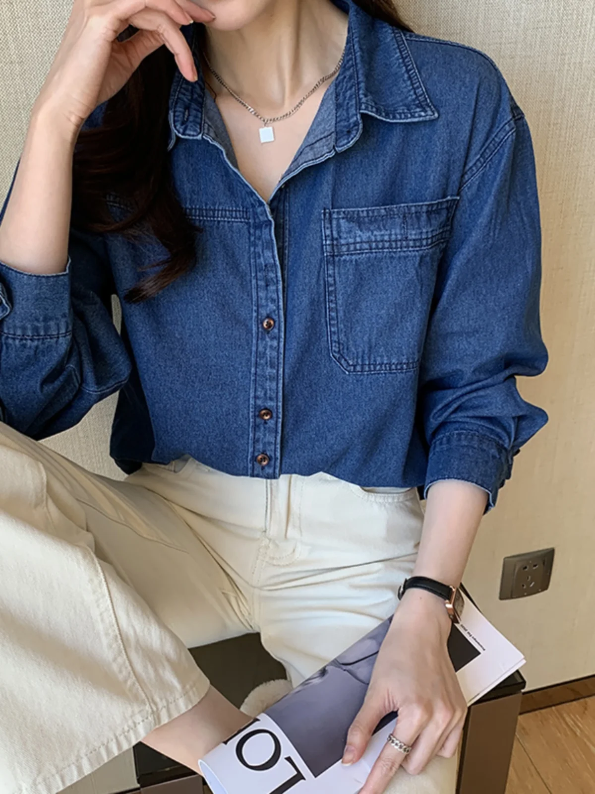 Vestibilità ampia lunga Sve Blue Denim irt Donna Autunno Inverno Abbigliamento interno vintage Casual Oversize Jaet Commute Sle