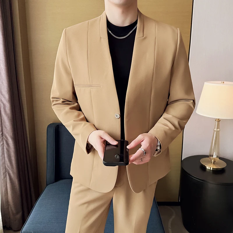 

Chinese Style Collarless Loose 2 Pieces Suits Magnetic Buttons Set Business Formal Casual Office Work Blazer Trousers 2025