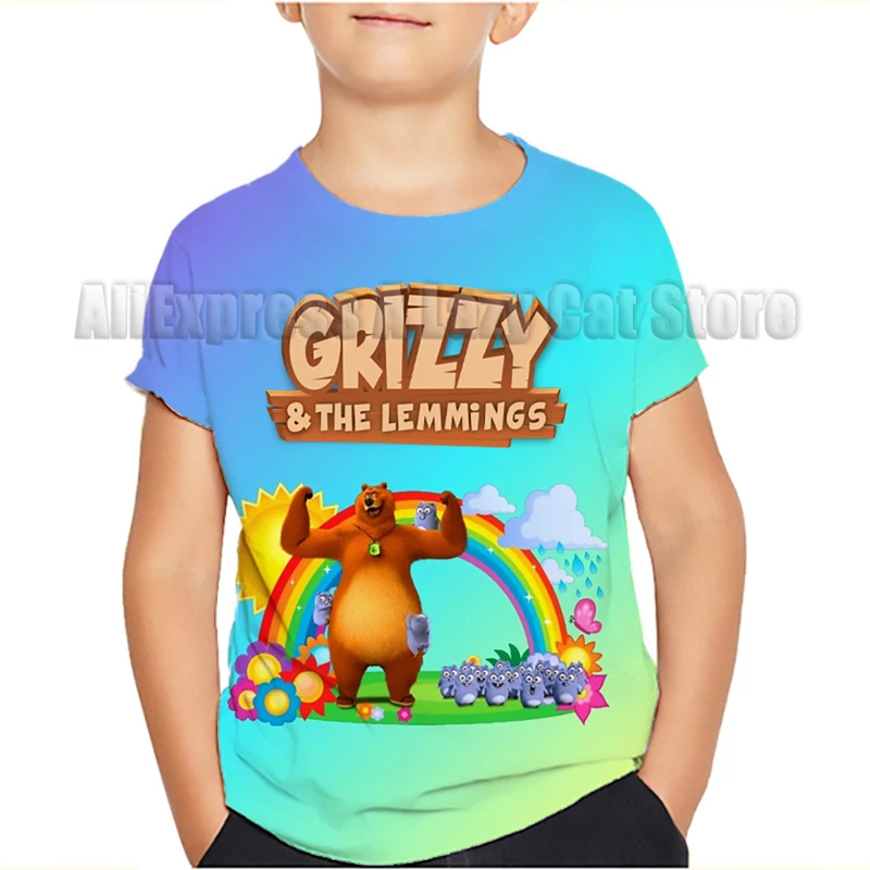 Grizzy and the Lemmings T-shirt Cartoon Boys Clothes Summer Thin Round Collar New Kids Tees Popular Design Children Tops