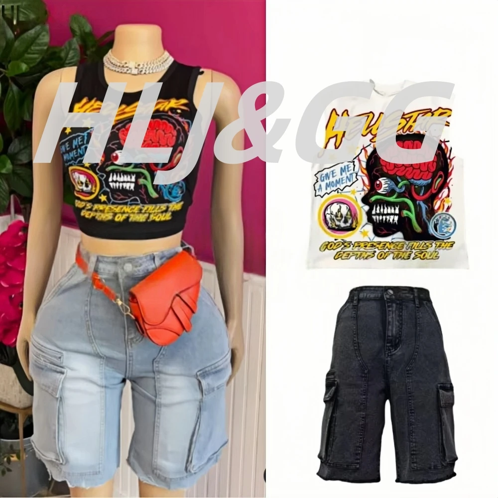 

HLJ&GG Y2K Hot Girl Fashion Pattern Print Two Piece Sets Women O Neck Sleeveless Top And Denim Cargo Shorts Outfits Streetwear