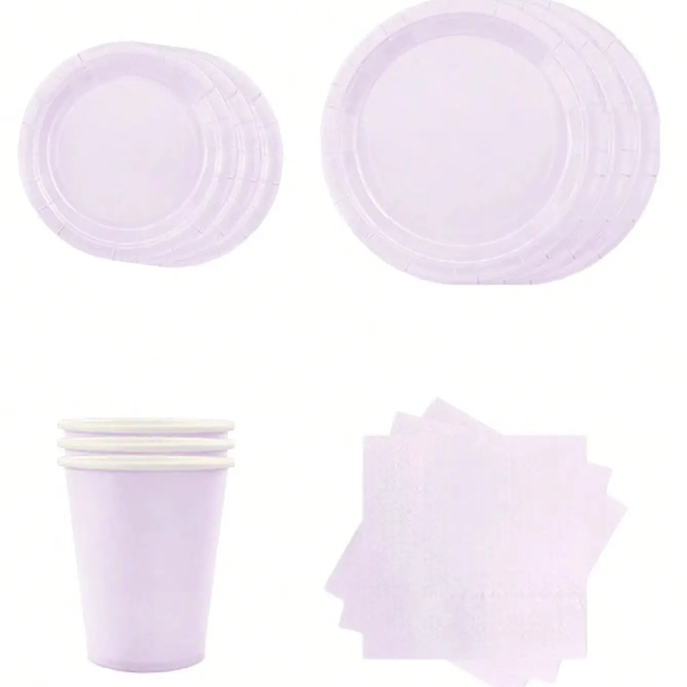 Solid light purple themed birthday decorations, holiday party disposable tableware, paper towels, cups, plates and tablecloths