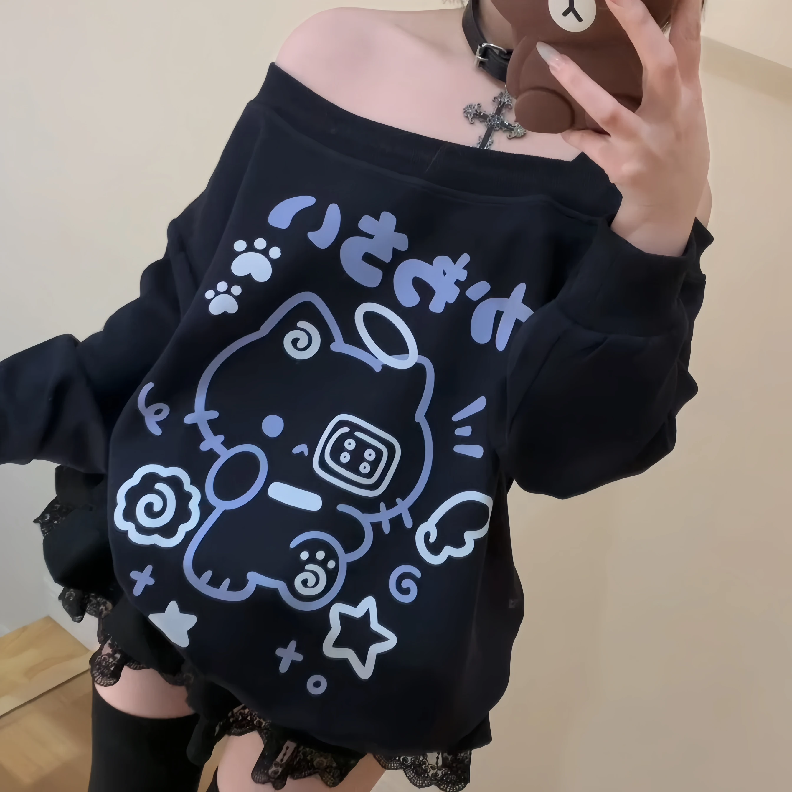 Bonito oulder Bared Long Sve round Ne Quadri-color Moletom solto ajuste confortável algodão poliéster primavera feminino Swea...