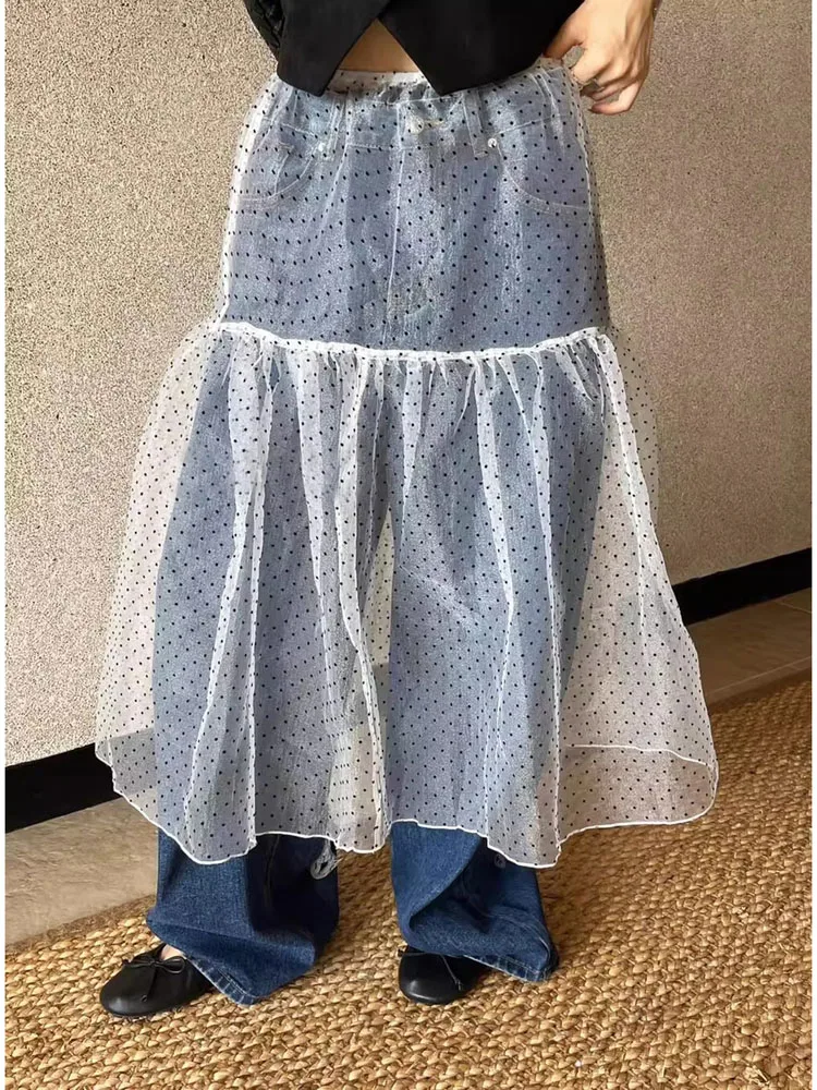 

Gauze Long Skirt Women's Chic Korean Saia High Waist Vintage Polka Dot Jupe 2025 Faldas Mujer De Moda Summer See Through Skirts