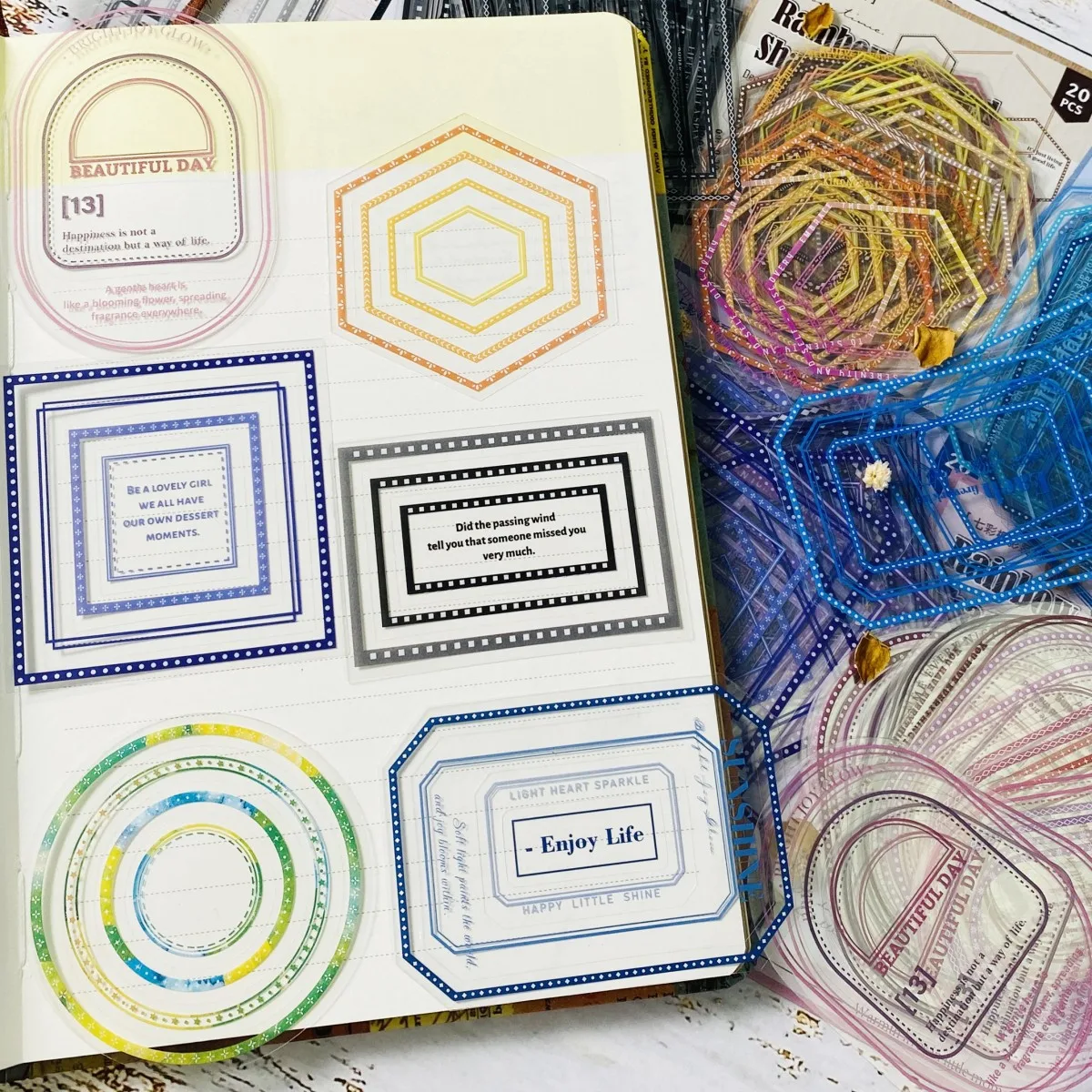 Journamm 20pcs Frame Decorative Stickers PET Self-Adhesive Stickers for Journals, Planners Scrapbook Embellishments Stickers