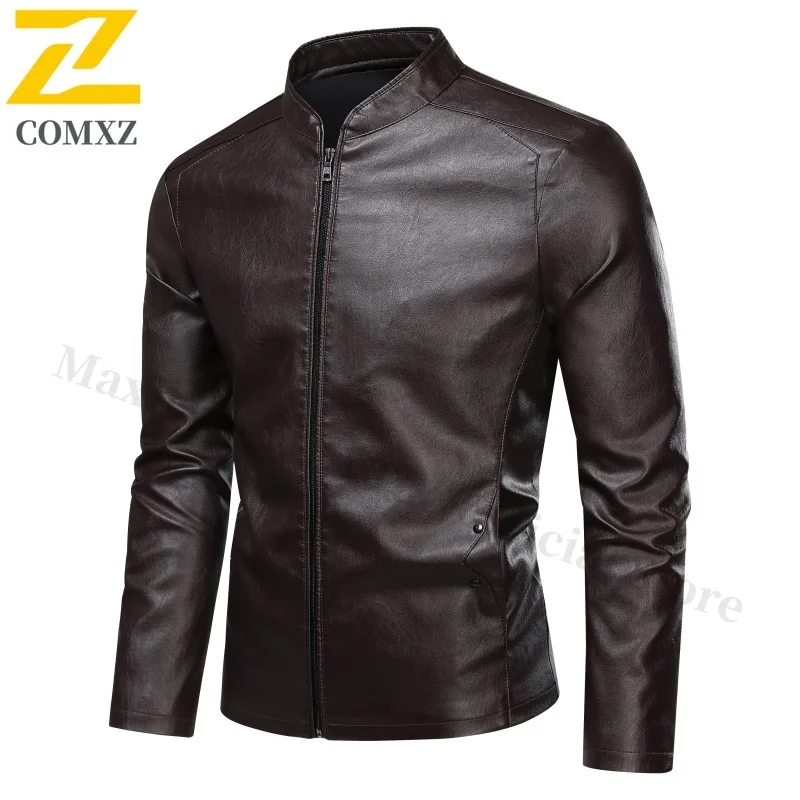

Mens Leather Jacket Casual Fashion Solid Color Black Stand Up Collar Motorcycle Windproof Coat Autumn High-quality Men PU Jacket