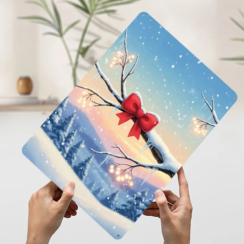 Paisagem de inverno com arco vermelho cartaz de metal sinais de lata itens de decoração de casa de luxo sinal de metal personalizado para decoração de arte de parede retro