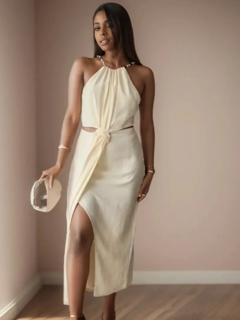 

Модное тонкое ажурное платье без рукавов для женщин, осень 2022, новое женское платье миди с украшением в узле, дизайн с отверстием, Vestidos