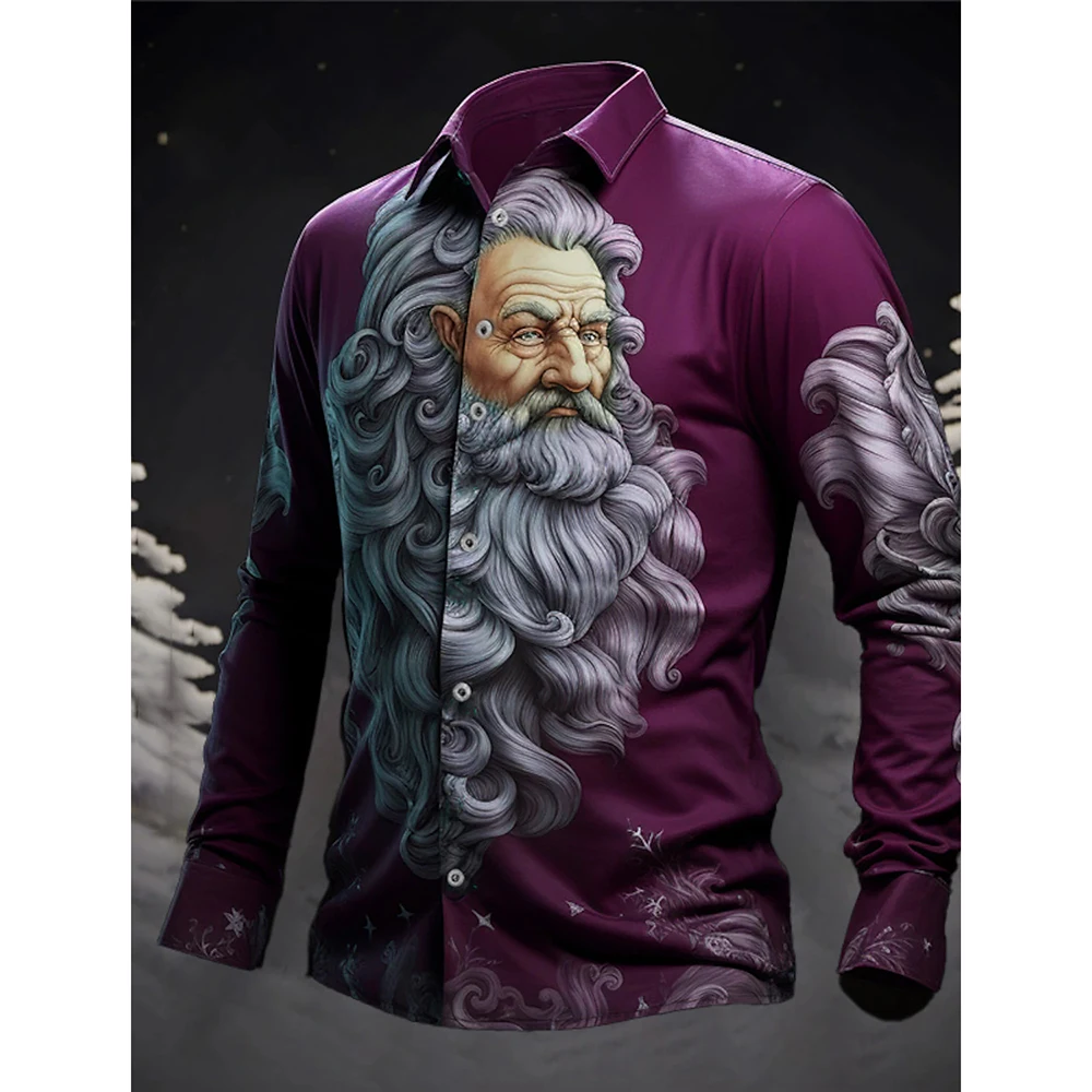 2023 Lapel Single Breasted Hawaii Long Sleeve Plus Size Christmas Shirt Tops Mens Santa Claus Shirt Stereoscopic Printed T Shirt