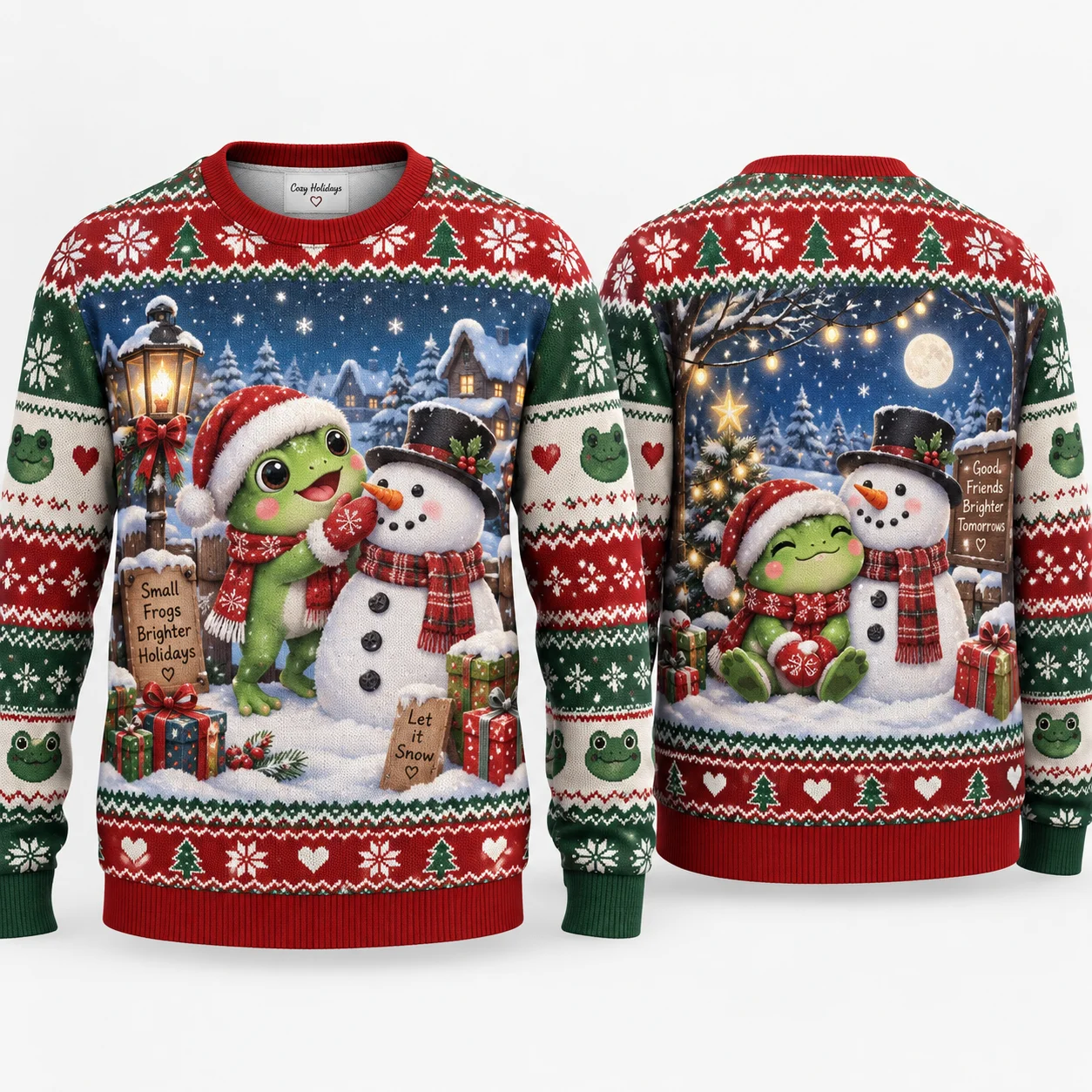 Hot Cute Frog Ugly Christmas Sweater For Men Women, Snowman Holiday Sweaters, Winter Village Xmas Party Outfit Clothing