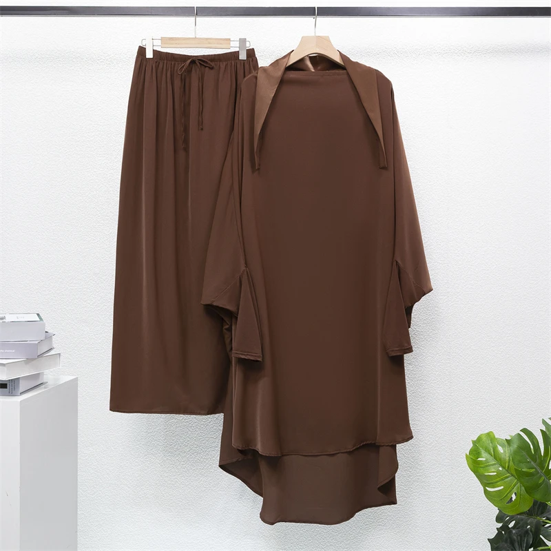 Muslim Sets Two Pieces Long Hooded Smocking Sleeve Shirts Loose Maxi Skirts Muslim Jilbab Hijab Women Abaya Sets Prayer Clothing