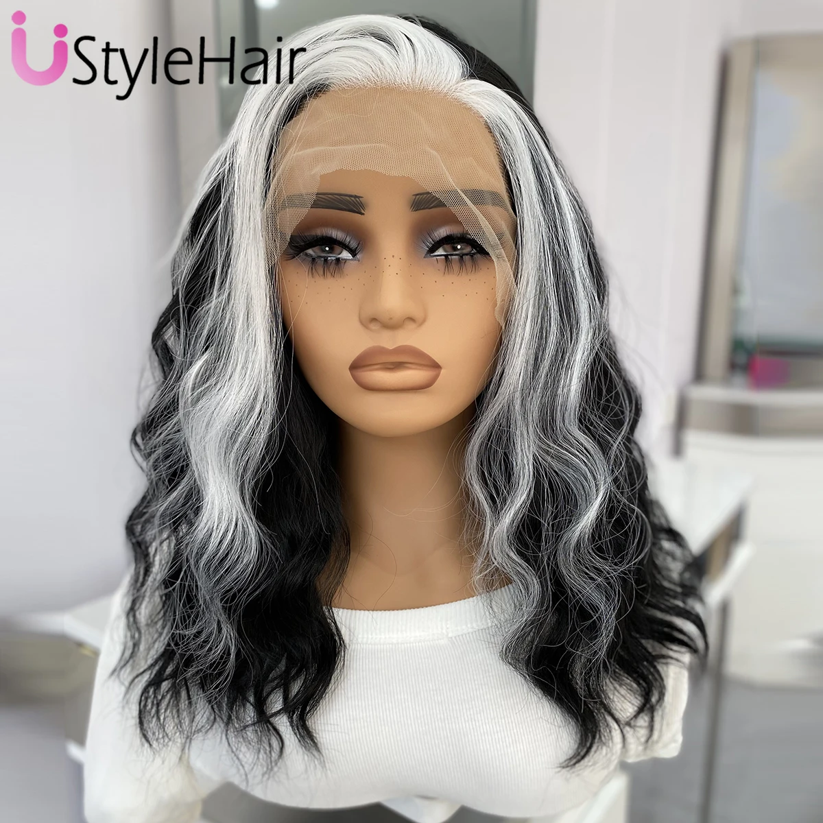 UStyleHair Black Short Wave Wig with White Highlights Natural Hairline Lace Front Wig Mix Color Daily Wear Cosplay Wig for Women