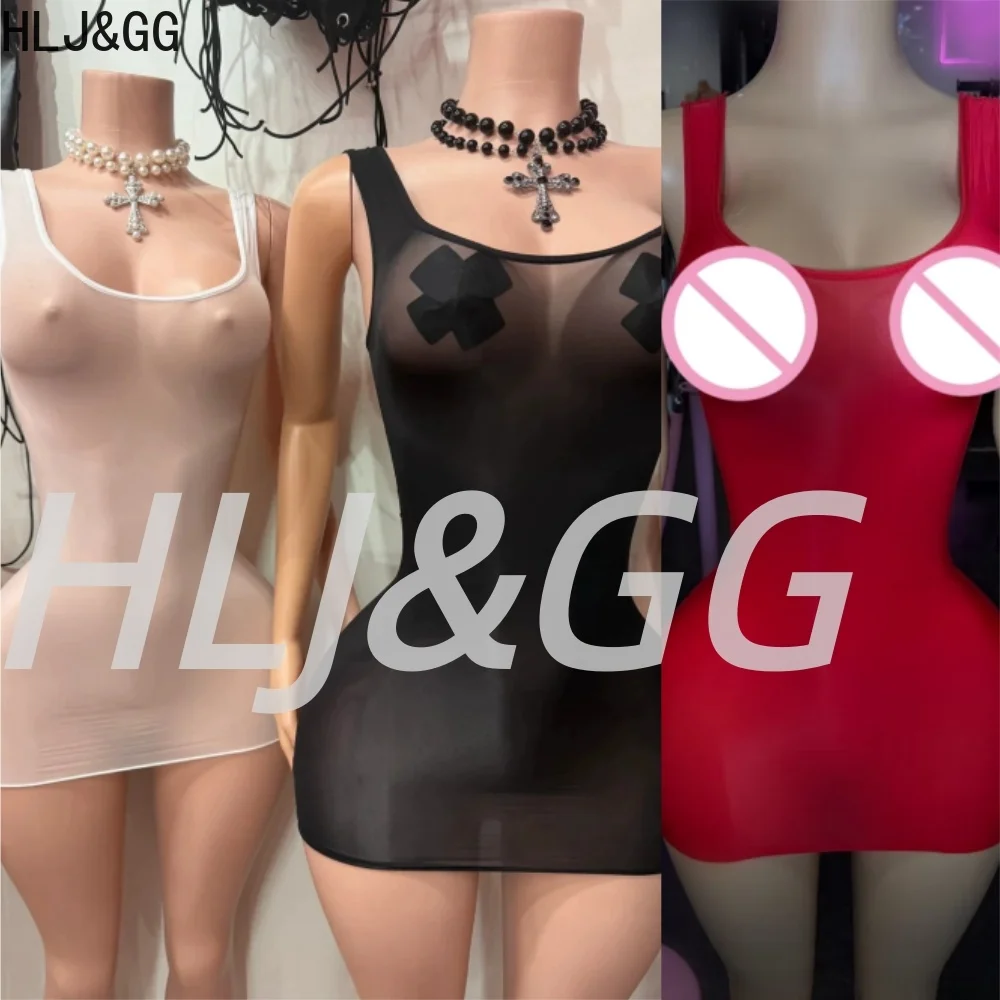 

HLJ&GG Sexy Mesh See Though Bodycon Spaghetti Strap Mini Dresses Women Sleeveless Backless Slim Vestidos Female Party Club Dress