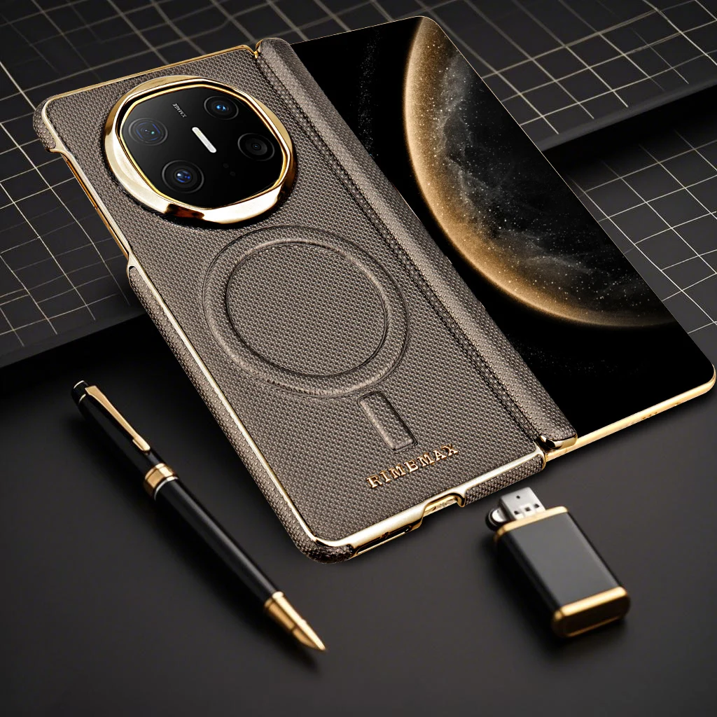 

Luxury Skin Feel Textured Leather Case For Huawei Mate X6 X5 X3 Strong Magsafe Hinge Protection Straight-edged Arc Leather Cover