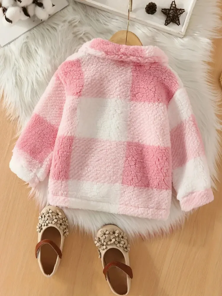 Girls\' new soft plush lapel plaid wool coat-warm polyester knit jacket with button suit