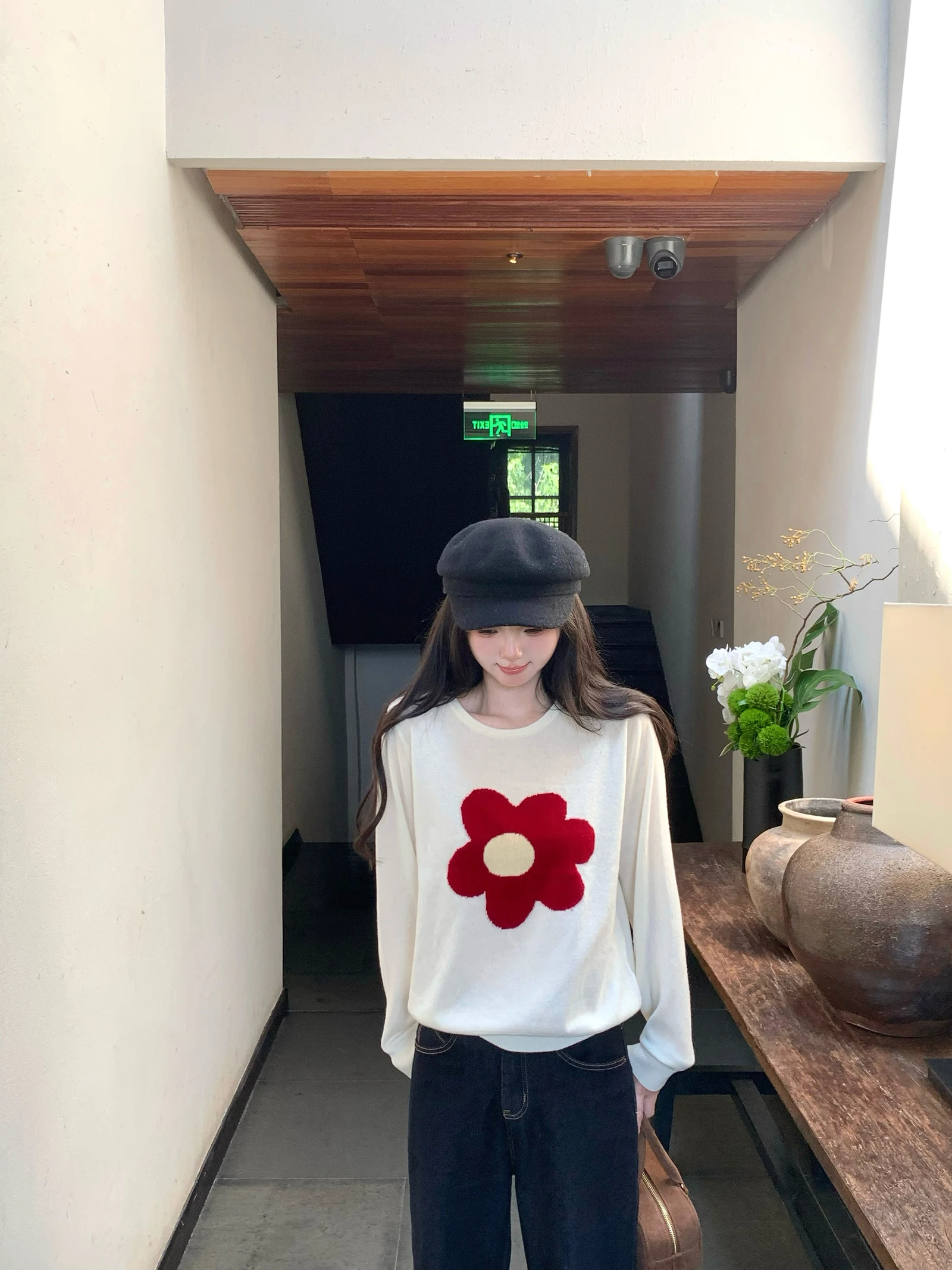 

Sweet Knitted Sweater Camere Blend Inner Wear Top Princ Sle Straight Cut Cartoon Print Fem Faion Autumn Wear