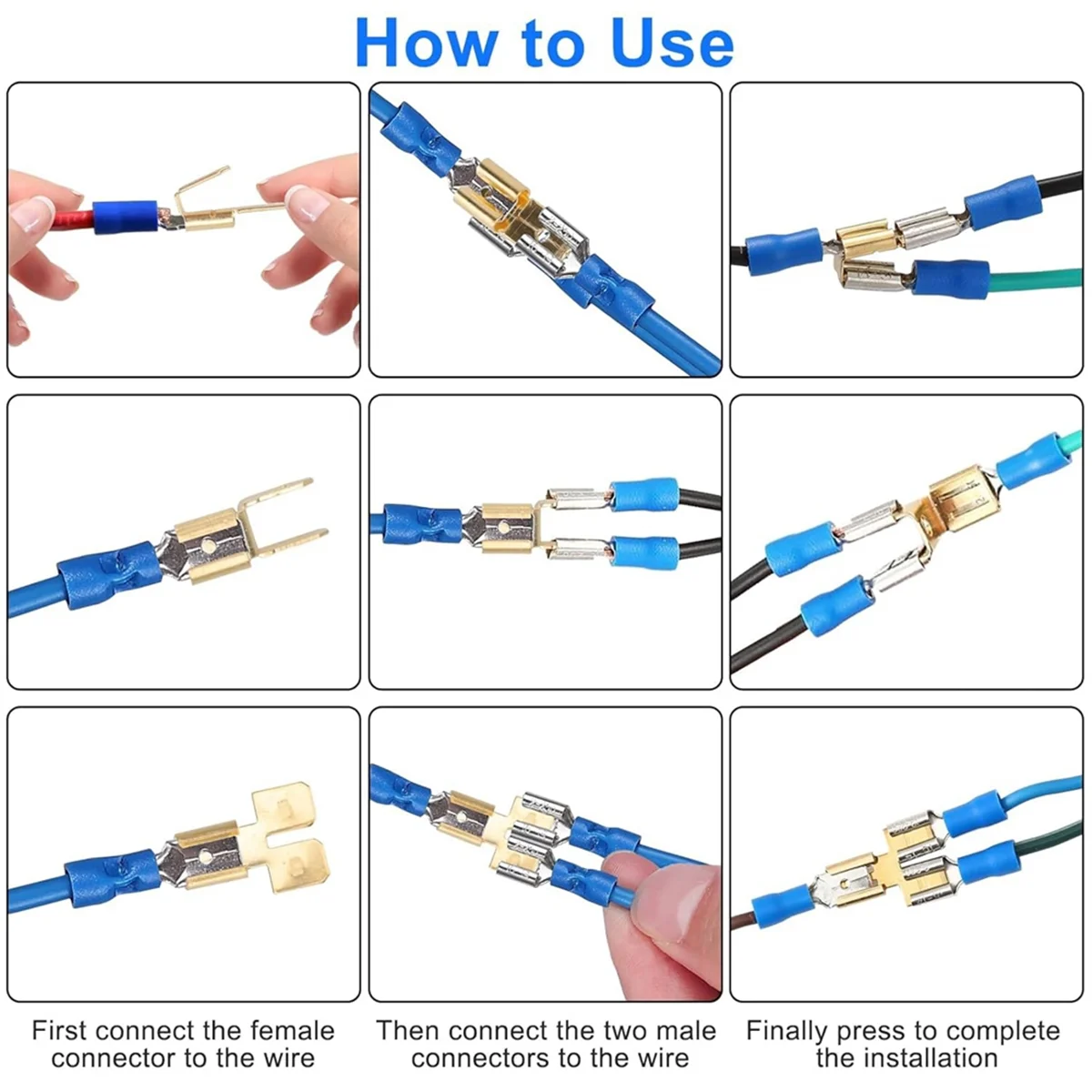 T88C 60 Buah Kit Pemisah Konektor Sekop Listrik, 1/4 Inci 2 Pria dan 1 Tab Betina Konektor Pemutus Cepat Sekop