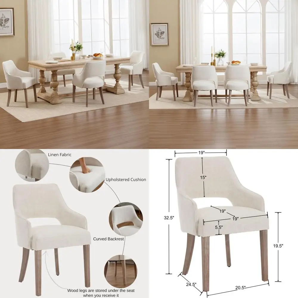 مجموعة من 4 كراسي طعام منجدة من الكتان بأرجل خشبية للاستخدام في المعيشة وتناول الطعام وغرفة النوم والمطاعم