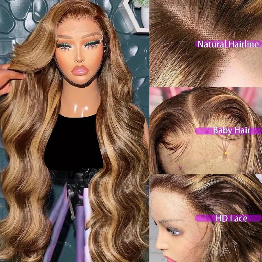 Wig rambut manusia Wig depan renda 360 gelombang tubuh Ombre Highlight 13x4 13x6 4/27 Wig Frontal renda Pirang madu telah ditanami dengan kepadatan 200