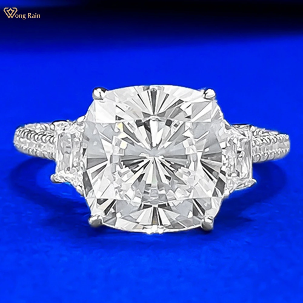 

Wong Rain Solid 925 Sterling Silver 10 MM Lab Sapphire High Carbon Diamond Gems Wedding Engagement Ring for Women Fine Jewelry