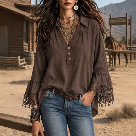 Tunic Women Western Style Blouse Lapel V Neck Button Shirt Flared Lace Bell Sleeve Boho Casual Loose Tunic Top