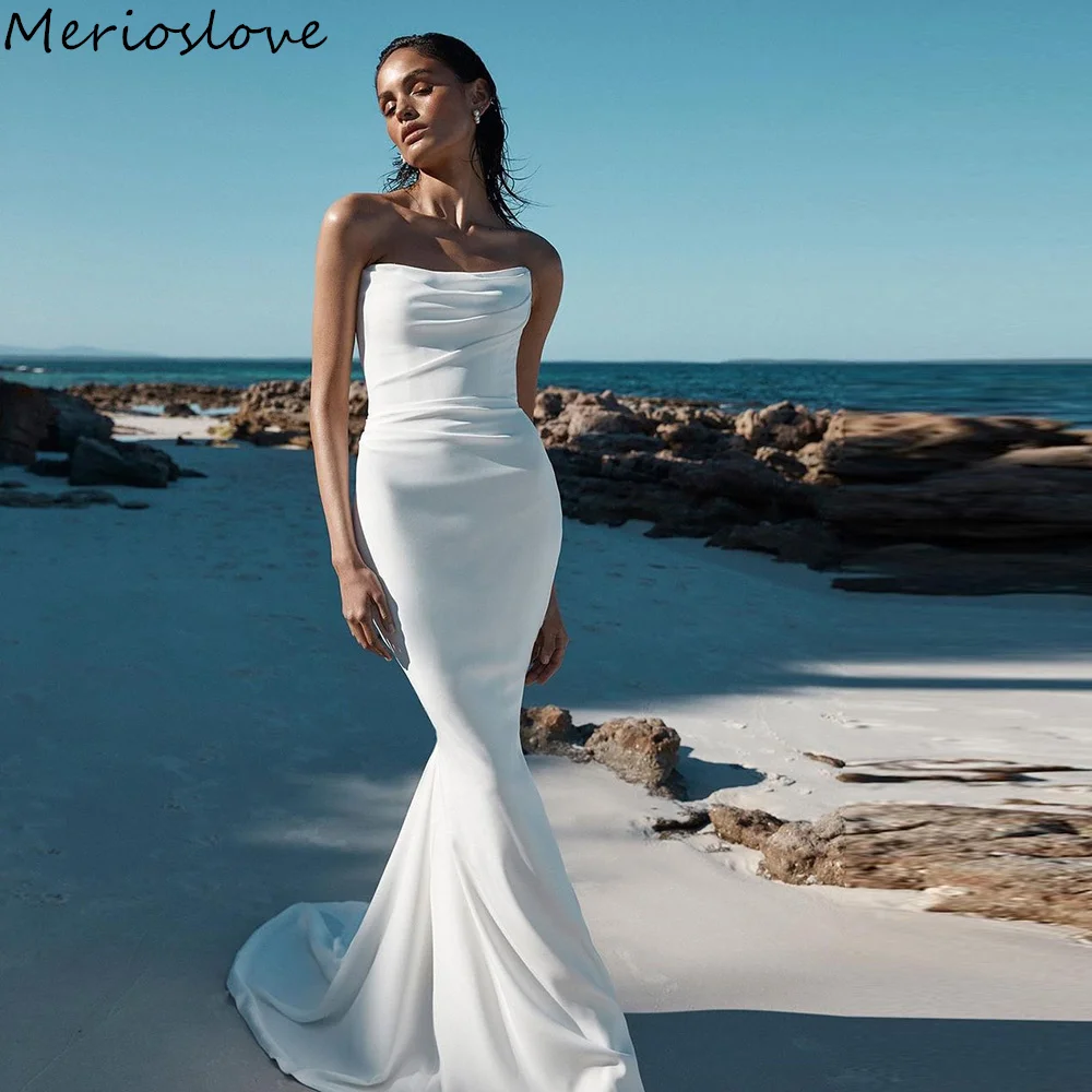 Merioslove Simple Mermaid Wedding Dresses Sleeveless Strapless Beach Bride Dress Minimalist Bridal Gowns 2024