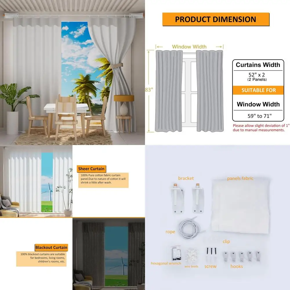 

Adjustable Grey Window Curtains with Clips, 52W x 83L, for Flexible Rod Set, Home Decor