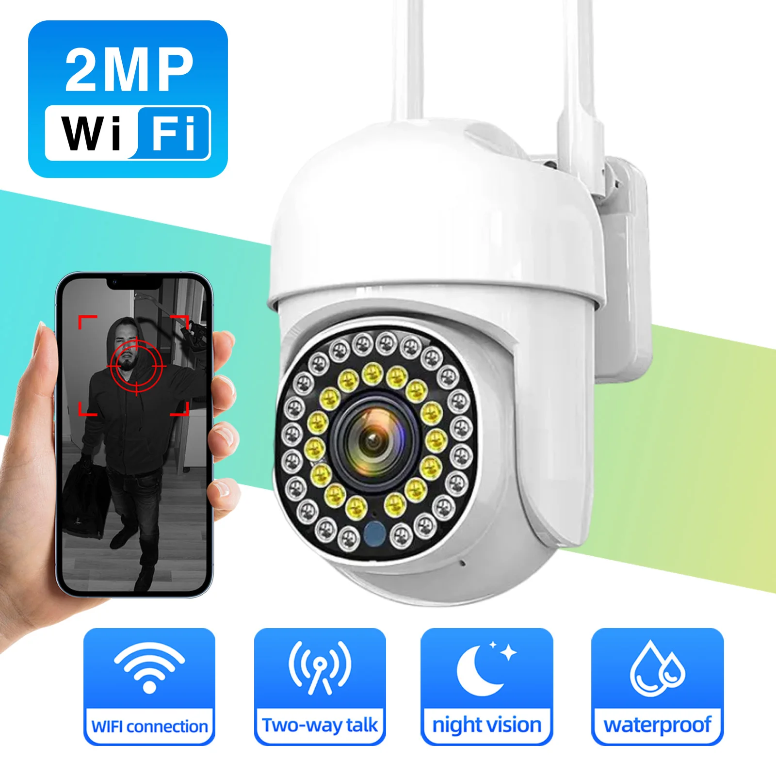 2MP WiFi Camera Outdoor Wifi Surveillance Camera Waterproof Two-way Audio AI Human Detection Tracking CCTV Monitoring IP Camera