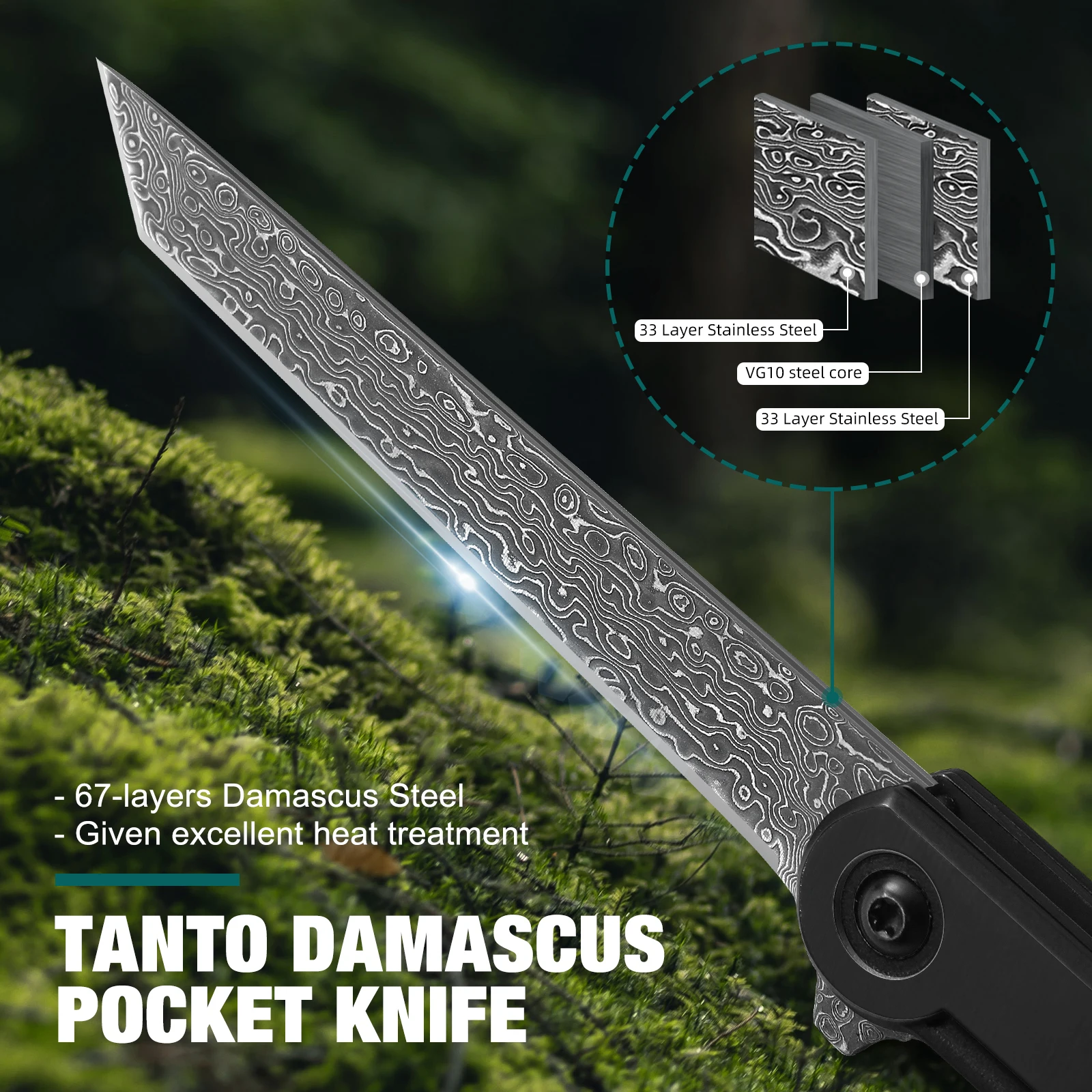 Tanto Folding Knife Vg10 Damascus Steel Tactical Pocket Knife For Men With Clip Japanese Style Outdoor Camping EDC Knife