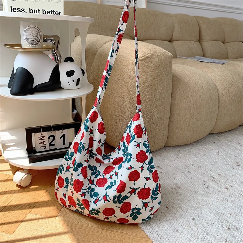 Youda New Fashion Cotton Fabric Shoulder Bag for Women Vintage Floral Striped Handbag Large Casual Capacity Shopper Tote Bags