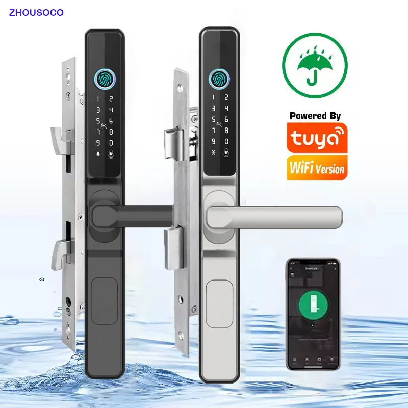 Fingerprint Biometric Waterproof Sliding Door Smart Lock Tuya WiFi APP Password Key Card Unlock Aluminum Glass Electronic Lock