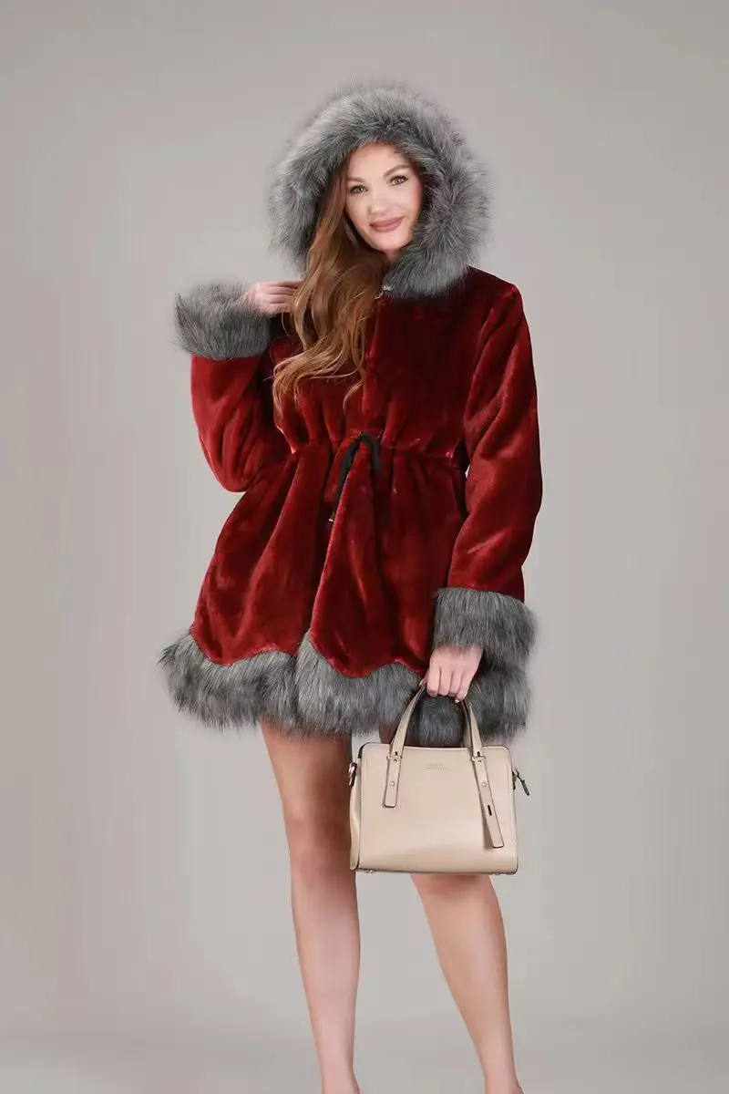 European and American Winter New Imitated Mink Coat Women's Hooded Imitation Fox Fur Mid-Length