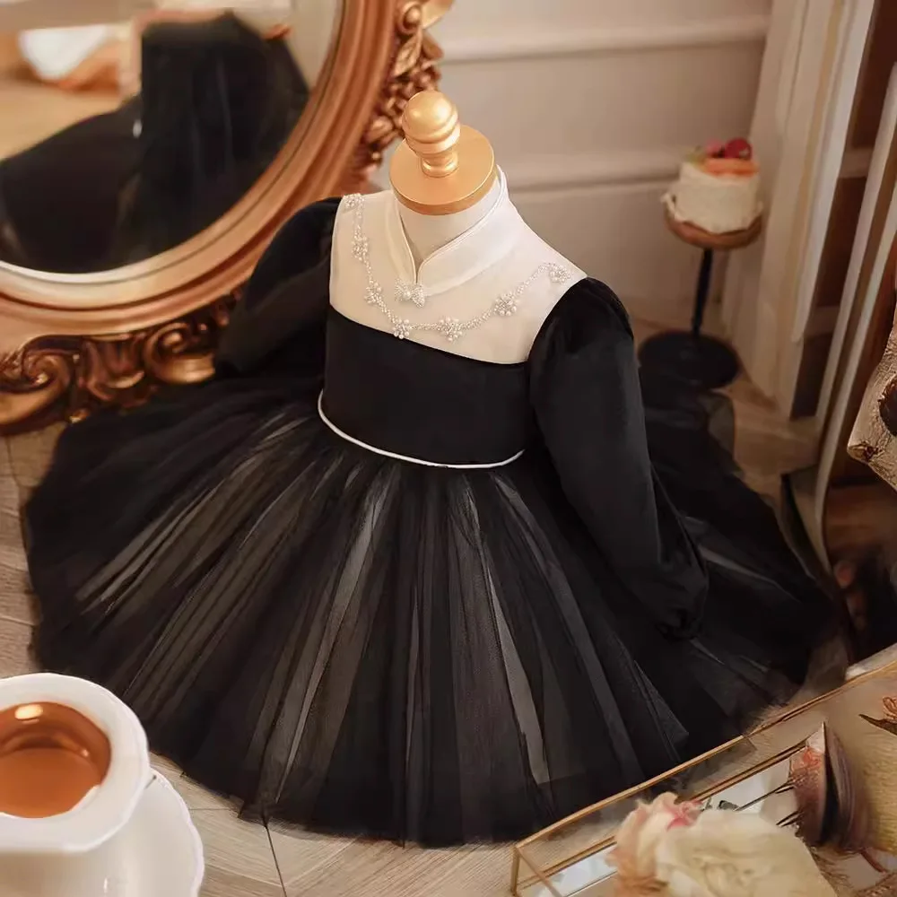 2024 New Girls Evening Black Princess Ball Gown Kids Elegant Long Sleeve Birthday Party Boutique Dress y1230