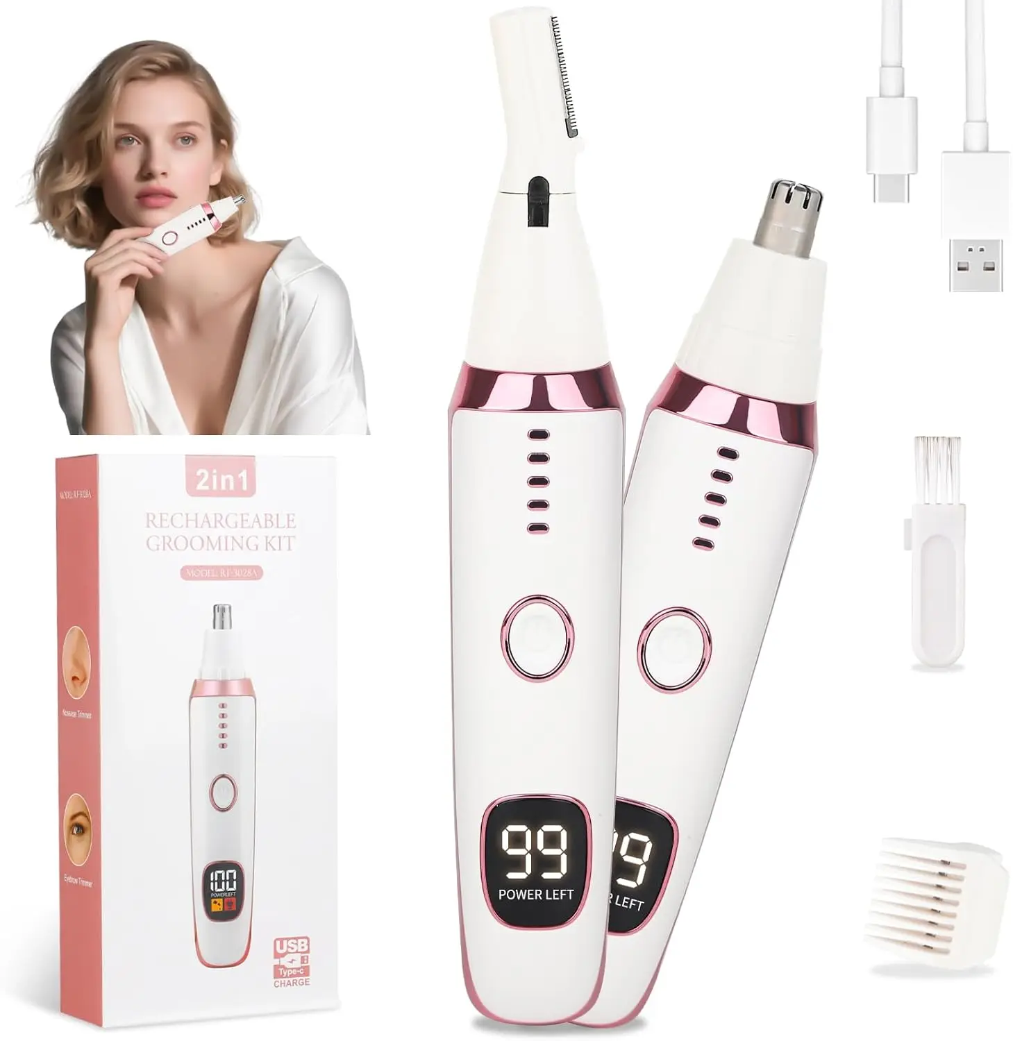

2-in-1 LED Facial Hair Trimmer for Women Men, USB Rechargeable, Waterproof, Dual-Edge Blades, Travel-Friendly (Pink)