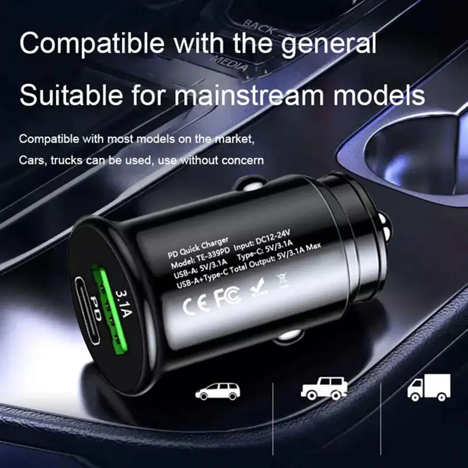 Mini Car Charger USB+PD Flash Charging Car Cigarette Lighter One Tow Two Single Line Quick Charging Head