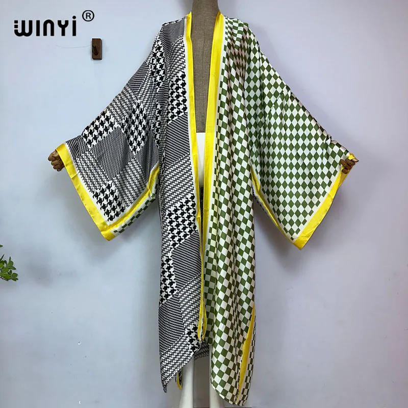 

WINYI Women Bohemian Retro printing Elegant Casual dress African Cardigans Outerwear For Women Summer Sexy silk feeling kaftan