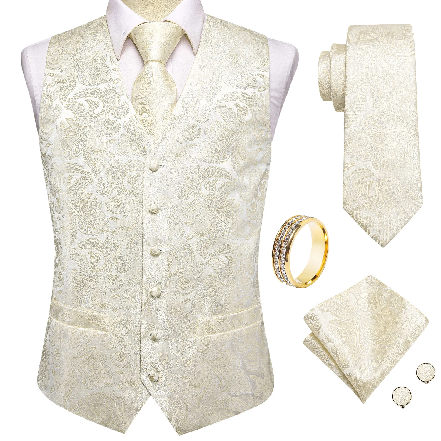 Ivory Subtle Paisley V-Neck Vest Accessory Set Tie Pocket Square Cufflinks Ring For Romantic Wedding Party