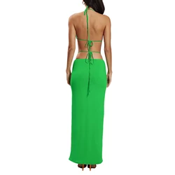 2024 Fashion Club Party Women Outfits Beach Sexy 2 Piece Set Summer Backless Tie Up Halter Camis Crop Top+Bandage Long Skirt