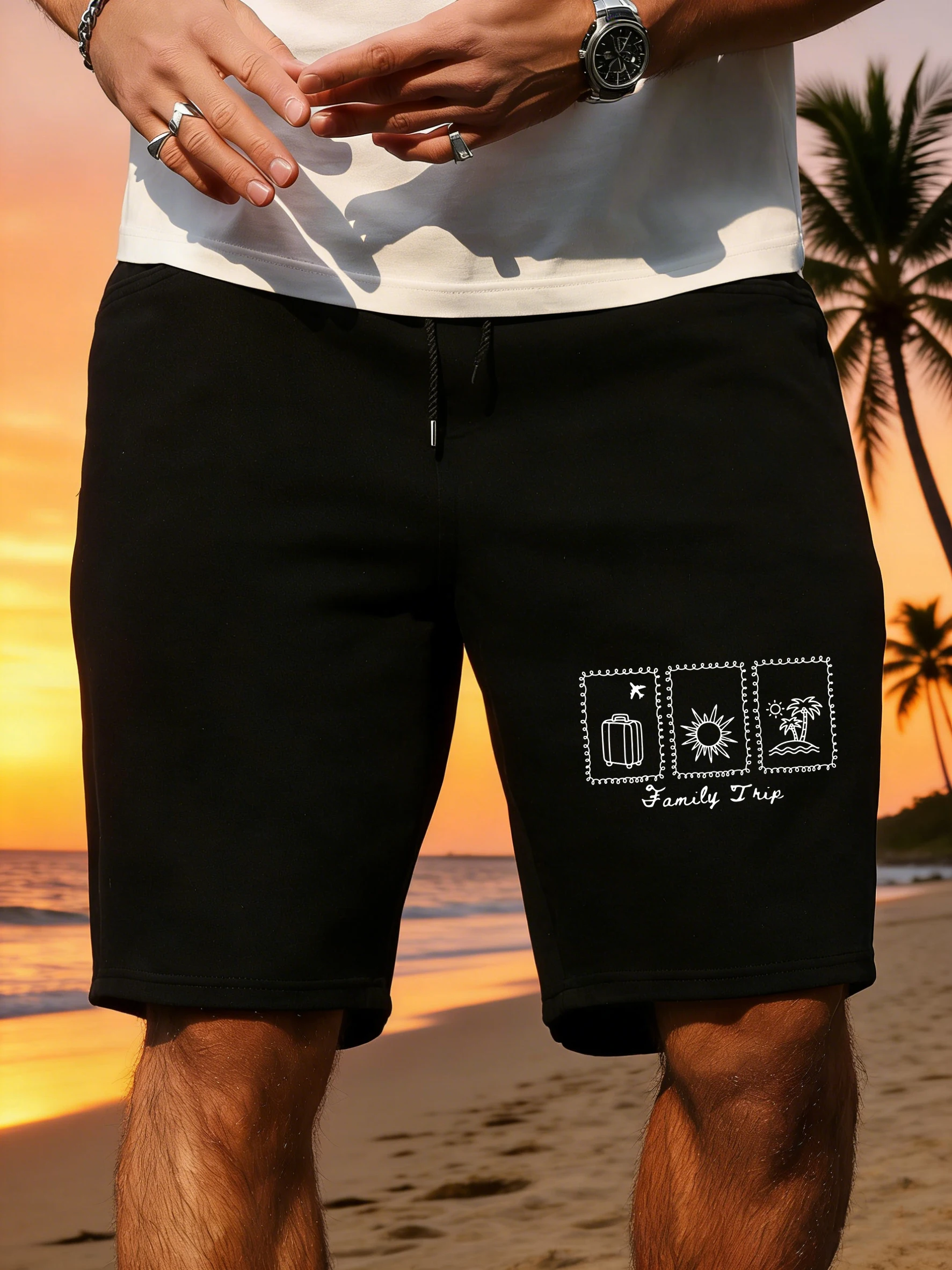 

Summer Family Trip Printing Men'S Shorts Drawstring Pocket Pant Elasticity Clothing Breathable Wide Leg Unisex Short Pants