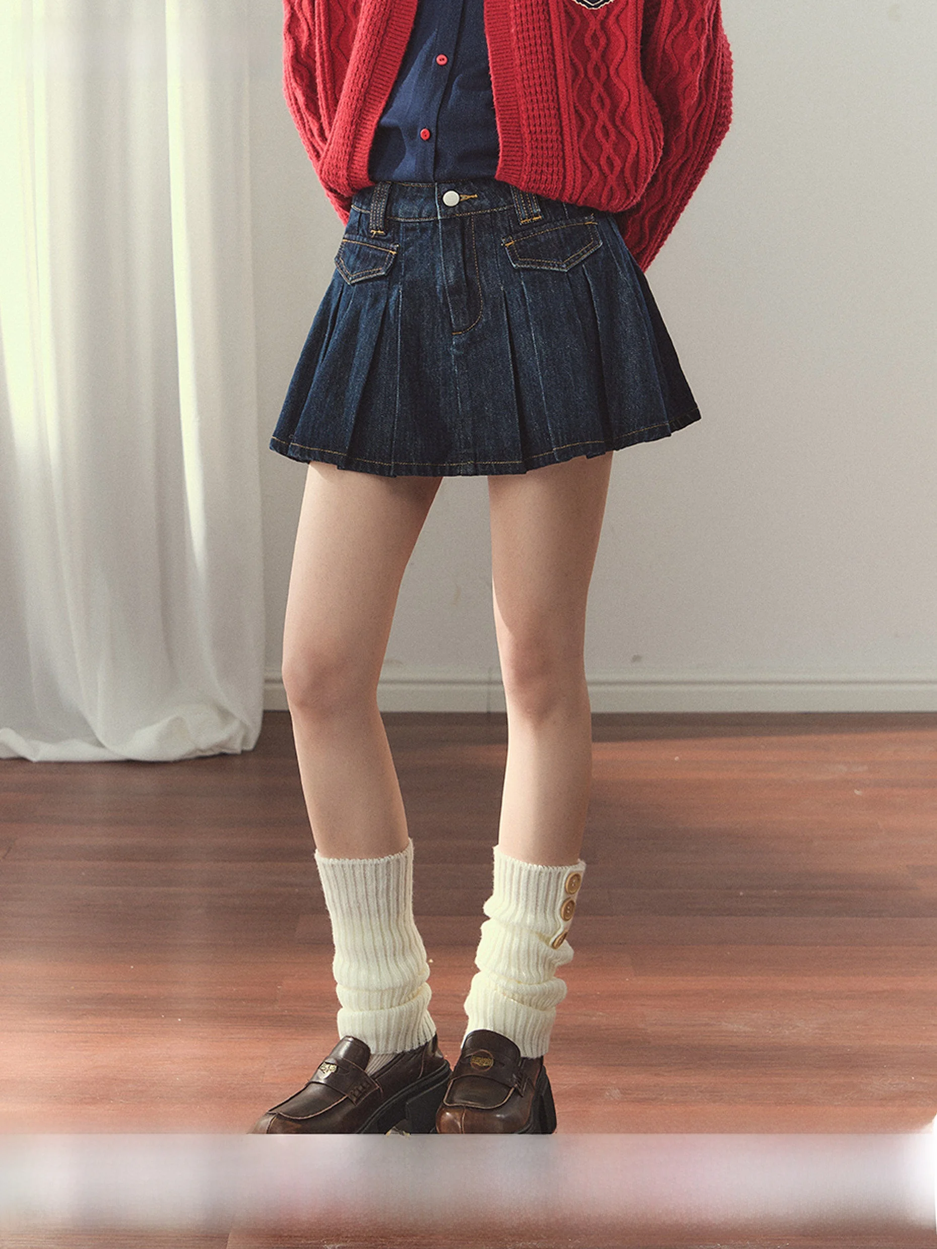 

Umoumo Retro Waed Denim ort Skirt A-Line Slimming Pleated High Waist Casual High Quali Girls' f Body Skirts