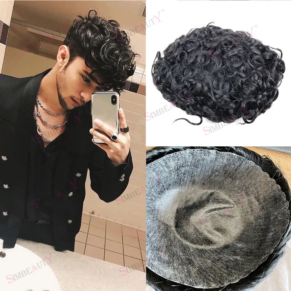 Wig rambut manusia keriting pria 22mm hitam Super tahan lama Wig rambut manusia kulit PU penuh prostesis kapiler alami garis depan