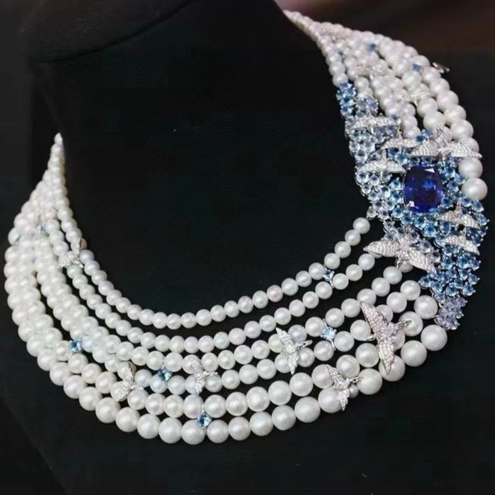 

KQDANCE Luxury Solid 925 Silver With Synthetic Gemstone Aquamarine Red Blue Six Layer White Pearl Choker Necklaces Fine Jewelry