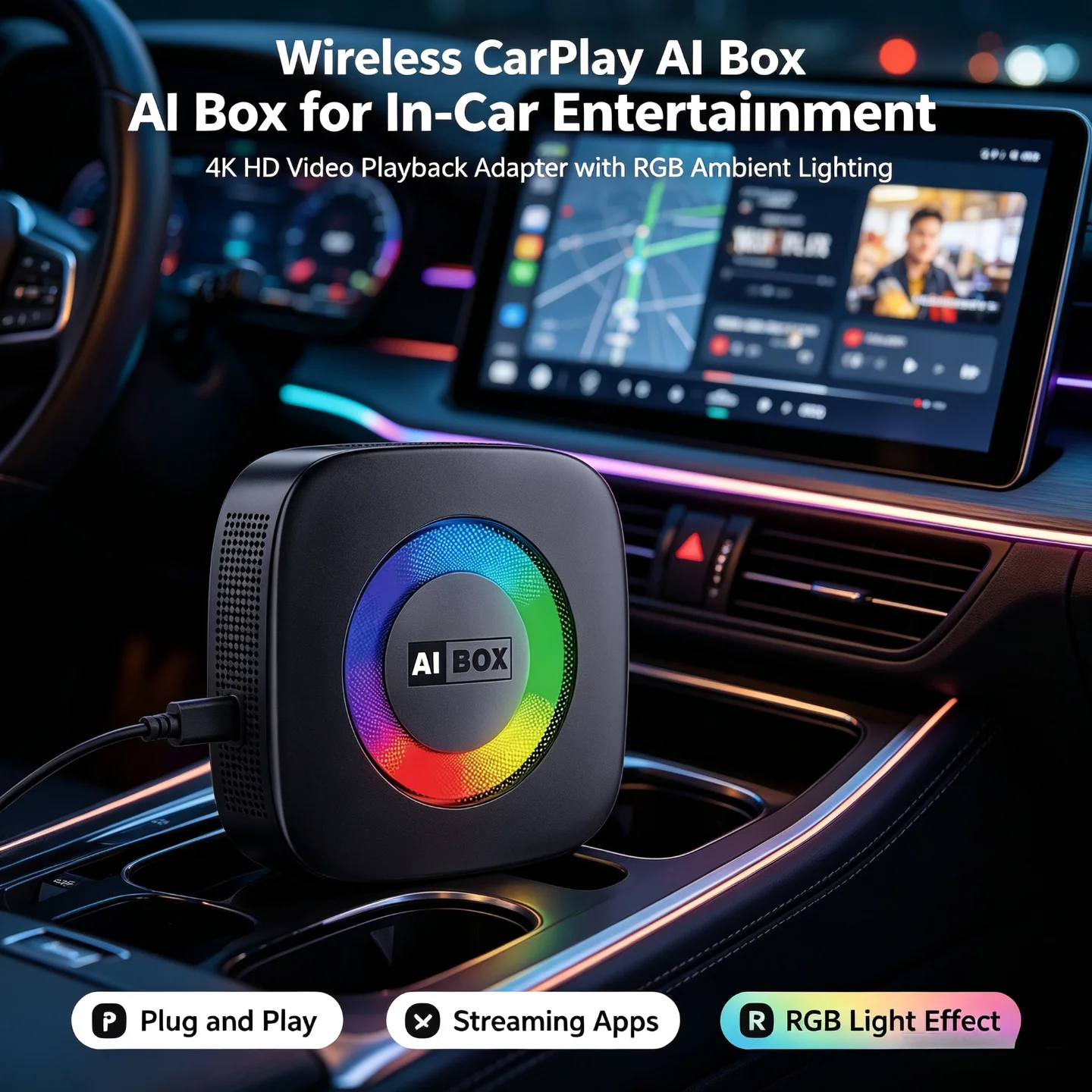 Car Wireless CarPlay AI Media Box, 4K HD Video Playback Adapter with RGB Ambient Lighting, Built‑in Netflix YouTube Streaming, Simple Plug‑in for Factory Wired CarPlay‑Equipped Vehicles