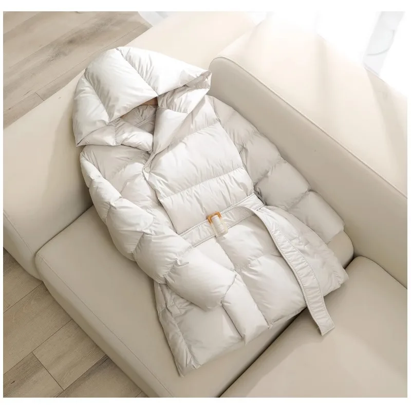 2023 New Women Winter White Duck Down Coat Long Sleeve Hooded Women Long Jacket Coat With Belt Casaco Feminino