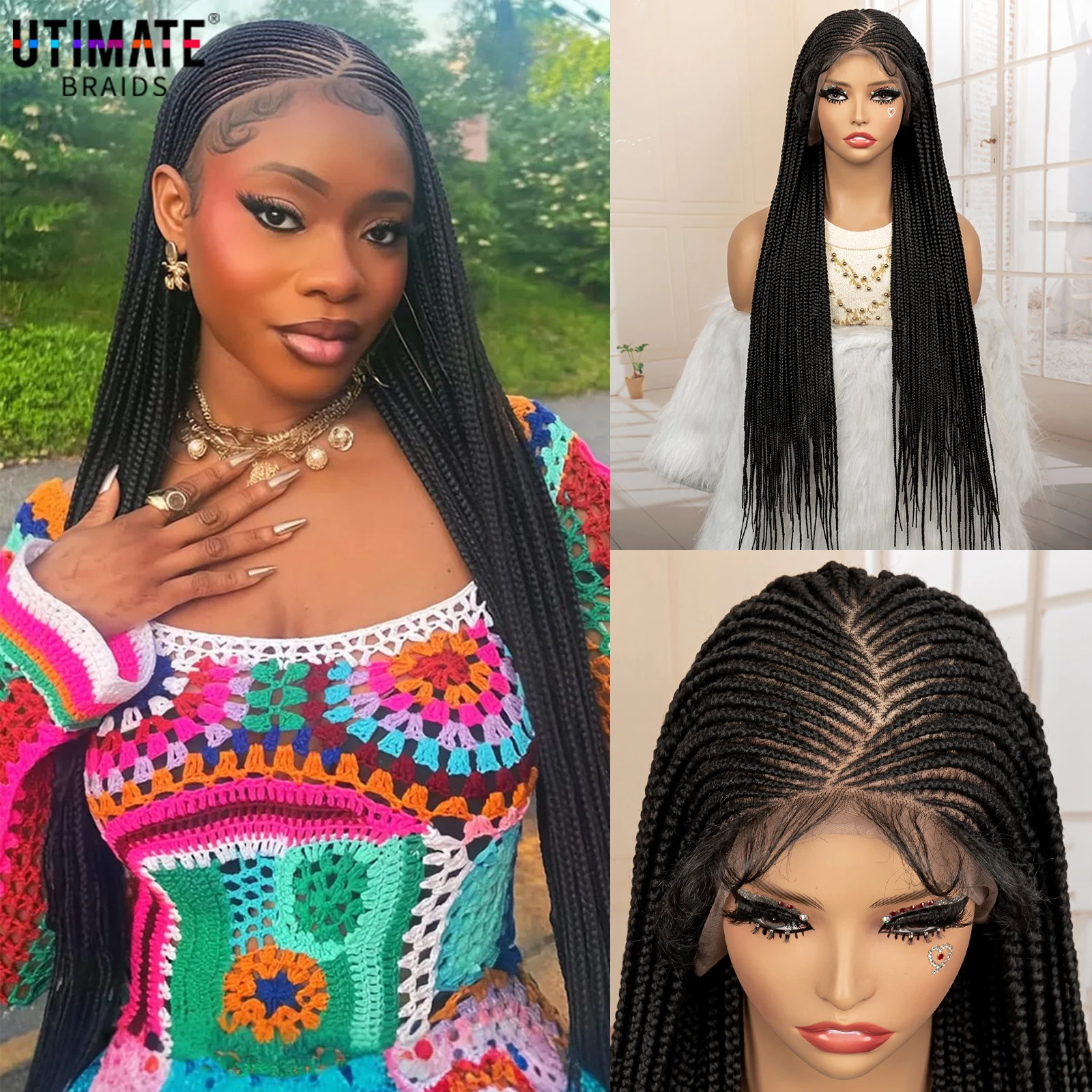 32 Inches African Hair Wigs Synthetic Cornrow Braided Wig 360 Full Lace Square Knotless Box Braiding Wig for Black Women