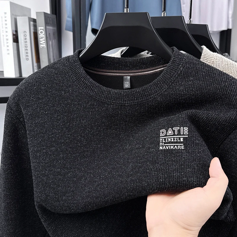Man High-End Long Sleeves Knitwear Fleece-Lined Thickened Round Neck Jacquard Winter New Pullover Business Casual Men's Clothing