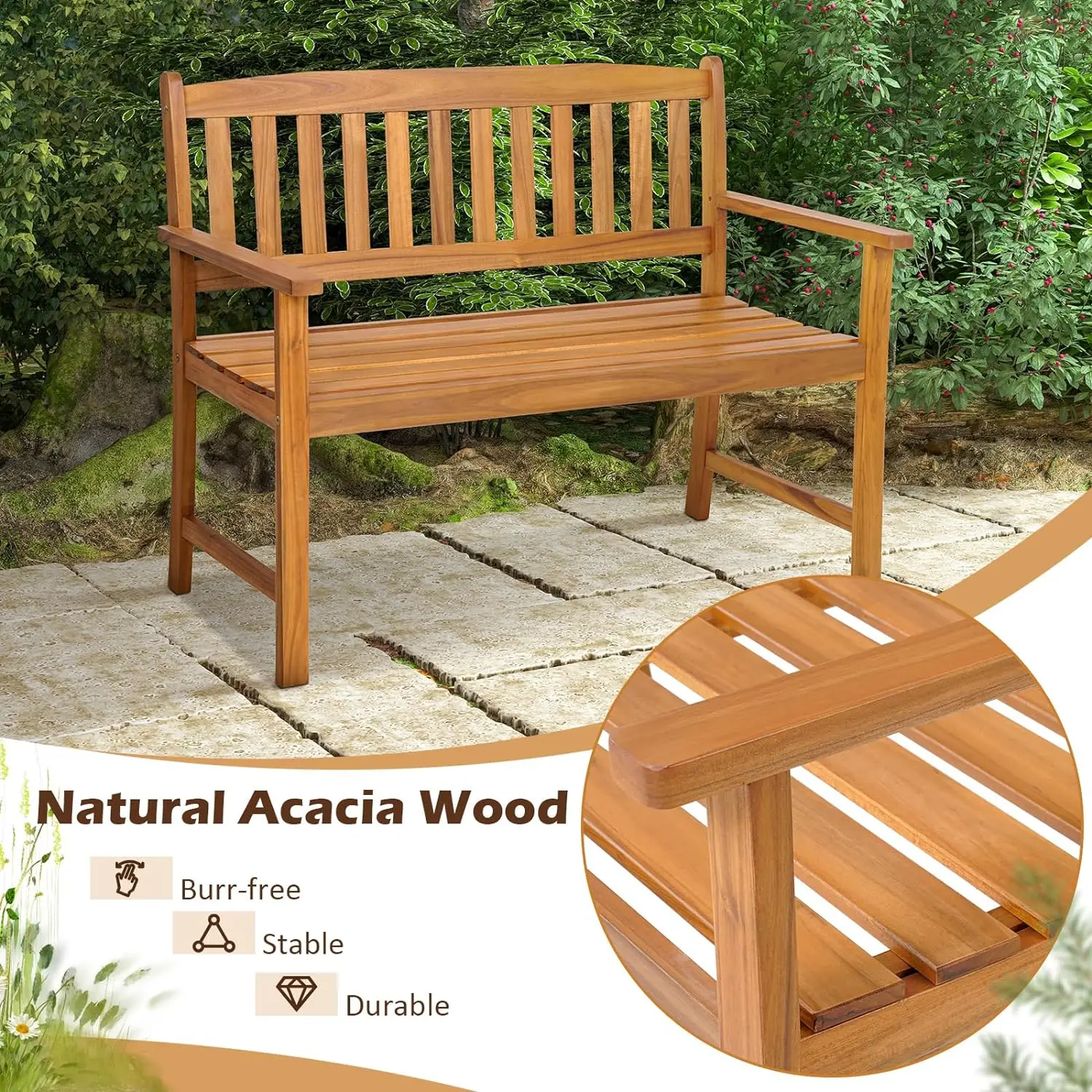 Banco de madera de Acacia para exteriores, Banco de jardín para 2 personas con respaldo y reposabrazos, Banco de jardín con asiento de listón para porche, Parque