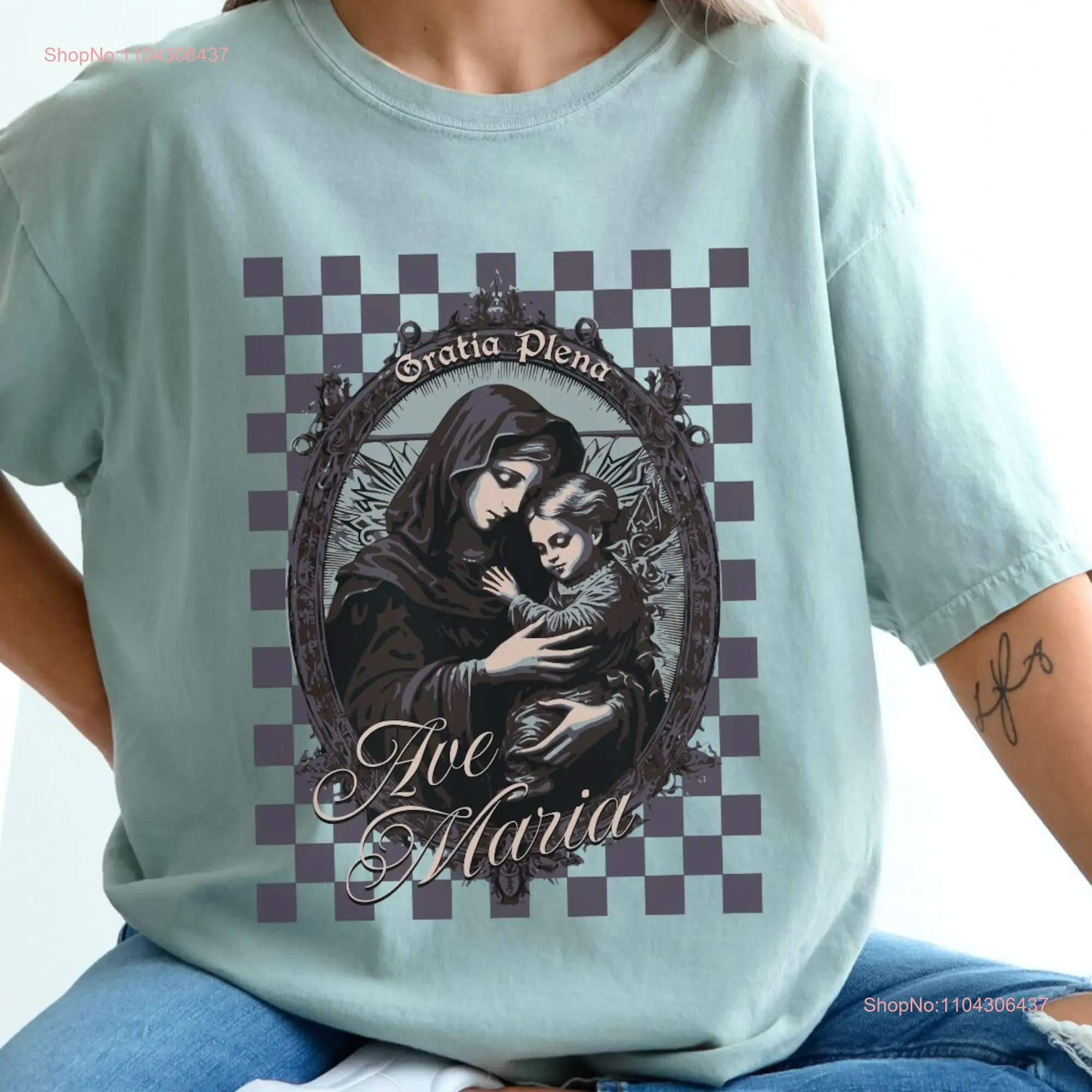 Rosary T Shirt Marian Catholic Virgin Mary and Child Ave Maria Hail long or short sleeves