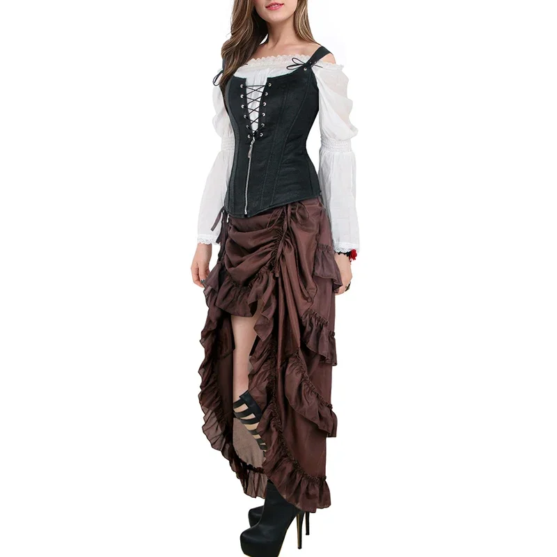 المرأة حجم كبير القوطية الفيكتورية Steampunk ميدي تنورة مثير عالية منخفضة الكشكشة خمر مرونة مطوي مشد التنانير الحفلات