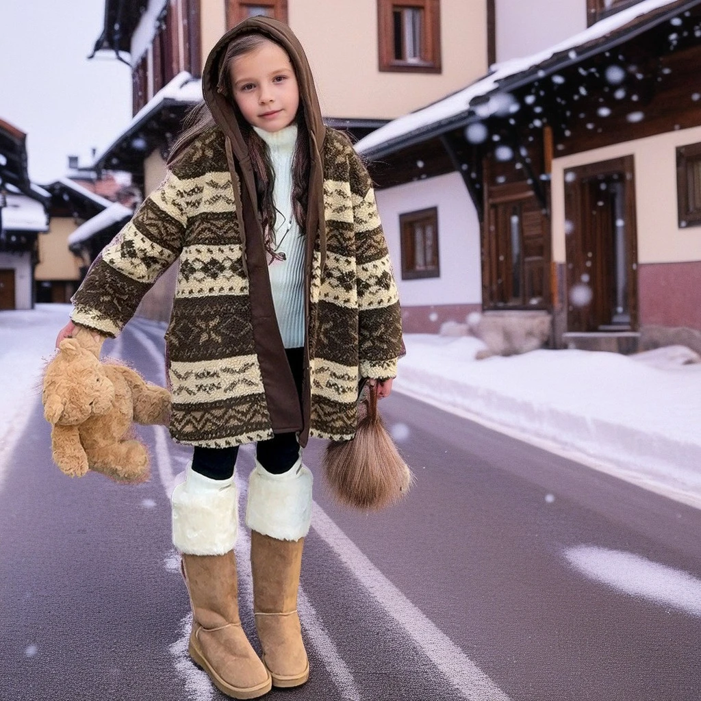 

Girls Hooded Coat Mid-calf Length Floral Jacquard Warm Outerwear Thicken Cotton School Padded Jacket for Big Kids 10 12 13 Years